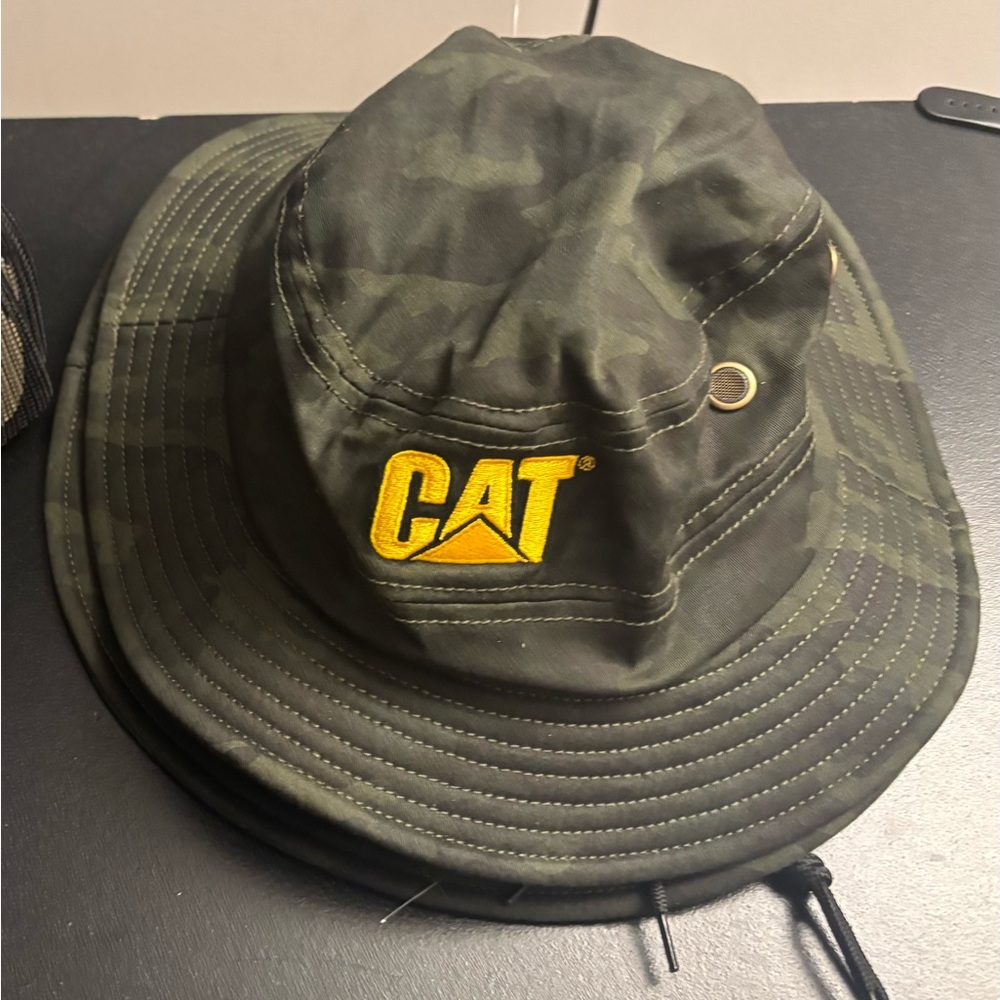 Caterpillar CAT Olive Green Camo Bucket Hat with Yellow Logo